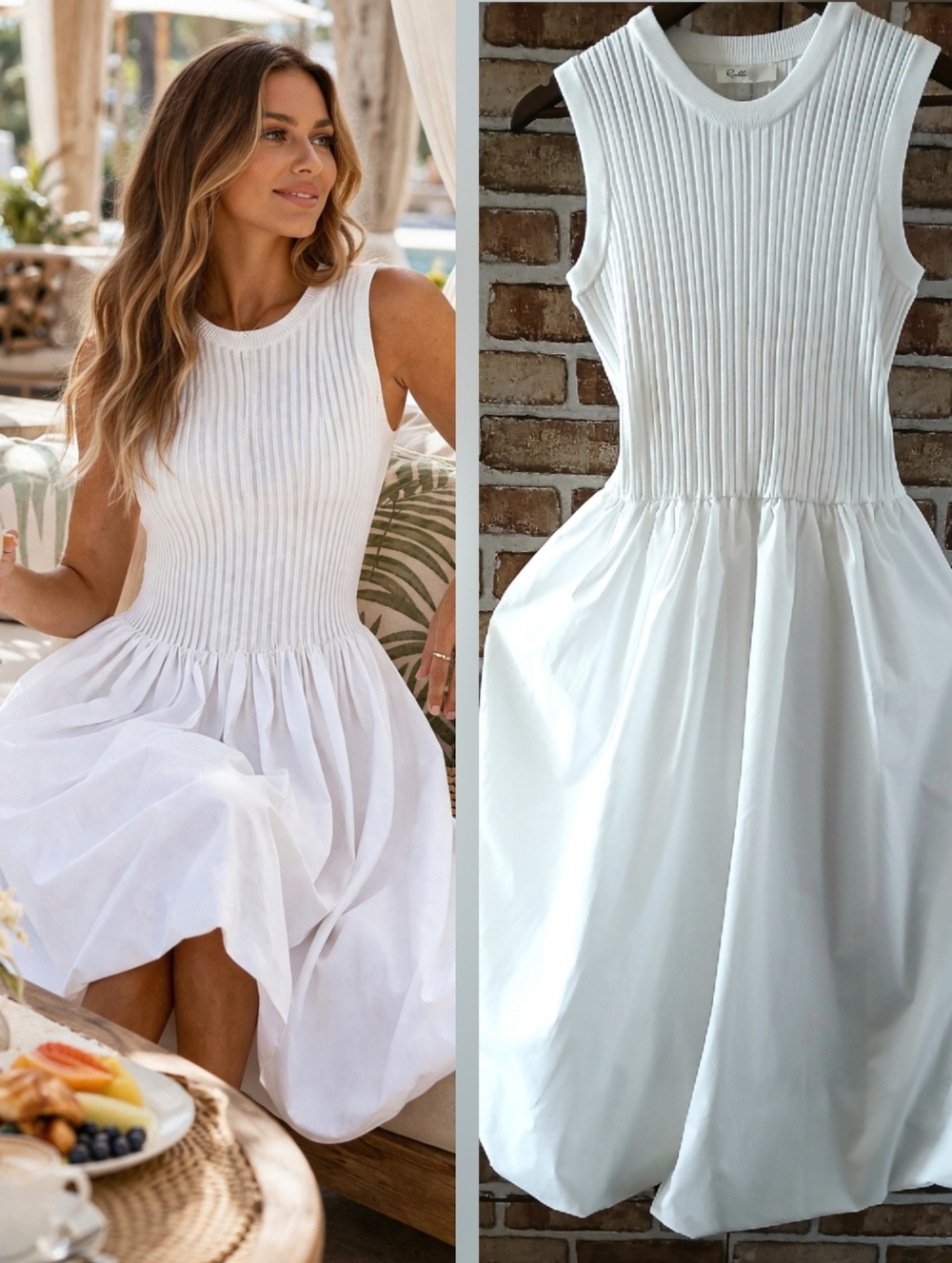 Soft RIELLE Women's WHITE RIBBED Balloon Hem SLEEVELESS Midi Summer DRESS Size M